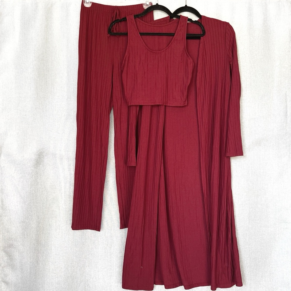 Wine Red Three-Piece Ribbed Pajama Set Loungewear Size S